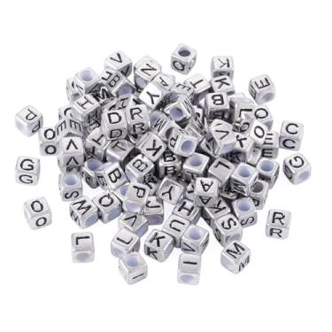 Imagem de Cerca de 295 peças de acrílico quadrado A-Z letra cubo contas inicial alfabeto padrão letras soltas espaçador contas pingentes para fazer joias, nome, identificação, mensagem, colar (prata, letras aleatórias)