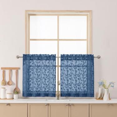 Imagem de Chyhomenyc Cortinas transparentes azuis empoeiradas de 61 cm de comprimento, cortina de cozinha de janela pequena com filtro de luz tufada e textura sobre a pia, cortinas curtas de meia janela para