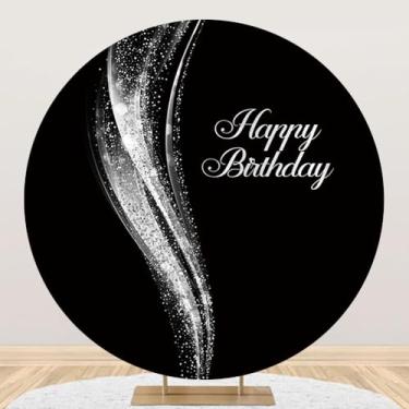 Imagem de Yeele 2,3 x 2,3 m, fundo redondo de feliz aniversário, preto e prata, abstrato, onda, glitter, círculo, fotografia para crianças, adultos, artigos de festa de aniversário, decoração de mesa de bolo