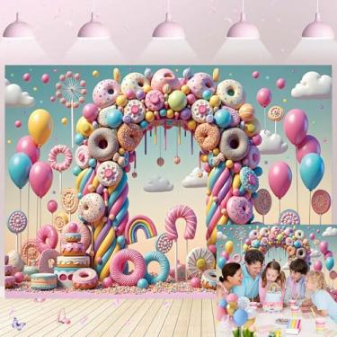 Imagem de Candyland Pano de fundo colorido donut pirulito sorvete balões de doces fotografia fundo menina princesa crianças faixa de aniversário decoração de mesa de bolo chá de bebê 18 x 1,5 m