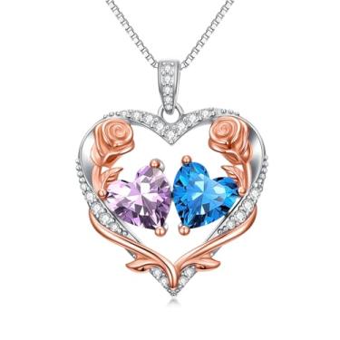 Imagem de Zoeniya Colar de coração rosa, presente para mulheres, banhado a ouro branco 18 k, pedra do mês de nascimento de 12 meses, presente de aniversário e Natal para sua esposa, namorada, 25mm, base