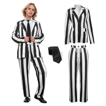 Imagem de Terno listrado preto e branco, fantasias femininas de Halloween, inclui blazer e calça com gravata para festas de cosplay (3GG)