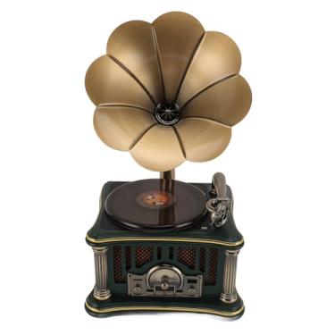 Imagem de Luocute Alto -falante de Gramofone Vintage, Alto -falante de Rádio Retro Giratória Com Chifre de Cobre, Construído No 3,5 Mm Aux in/USB/FM Radio para Decoração e (Verde)