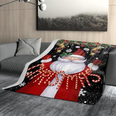 Imagem de Cobertor de flanela de Natal 152 x 127 cm – aconchegante floco de neve com tema de sino de férias vermelho preto macio de lã dupla face para sofá de inverno festivo quarto decoração de sala de estar