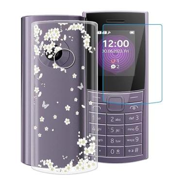 Imagem de YQINHHME Capa transparente para Nokia 110 4G 2023 (1,8 polegadas) com 1 x protetor de tela de vidro temperado, capa de telefone fina e macia de TPU à prova de choque X anti-arranhões para Nokia 110 4G 2023 - flor branca