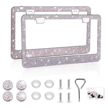 Imagem de Piburth Moldura de placa de carro brilhante, capa de placa de licença de aço inoxidável com strass brilhante, universal para a maioria dos carros, SUVs, veículos com conjunto de parafusos, acessórios