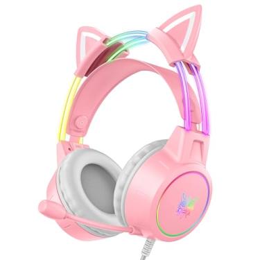 Imagem de ONITOON Auriculares para jogos com orelhas de gato com microfone para crianças e adultos, retroiluminação RGB degradada, cabeça leve com cabo para PS4/PS5/Xbox One/PC/telefone, som envolvente