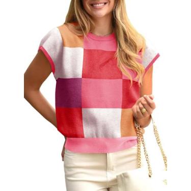 Imagem de Suéter Saodimallsu feminino de manga curta, bloco colorido