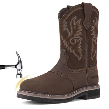 Imagem de Botas de trabalho HISEA NINGO masculinas Western Cowboy Steel Toe Leat