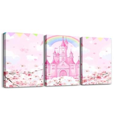 Imagem de Feelyou Arte de parede em tela emoldurada de castelo de princesa decoração de parede de conto de fadas para quarto desenho animado arco-íris imagens pintura para quarto escritório decoração de parede