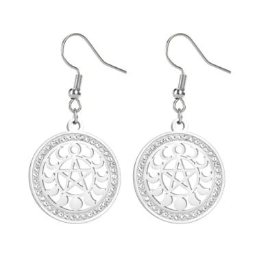 Imagem de Brincos pendentes da fase da lua, pentagrama, pentagrama, crescente, sol, lua cheia, pingente de lua cheia, joias pagãs, presentes de bruxa, Medium, Aço inoxidável, Sem pedra preciosa