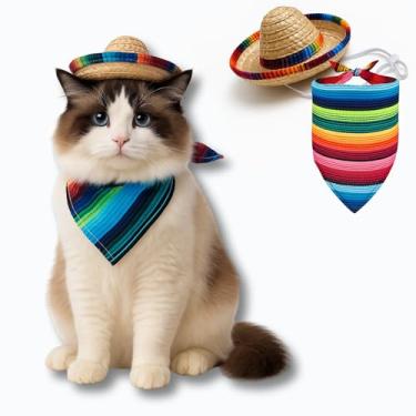 Imagem de Pawcratean Conjunto de chapéu e cachecol sombrero mexicano ajustável para cães – adereço engraçado para fotos (estilo mexicano) (estilo mexicano)