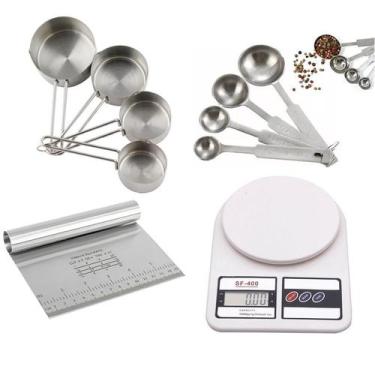 Imagem de Kit 4 Peças Espátula Multiuso Balança 10 Kgs e Medidores Inox Frigopro
