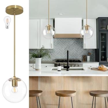 Imagem de Bagood Luminária pendente de globo de 20 cm dourada moderna de meados do século lâmpadas pendentes de vidro transparente ilha da cozinha luzes pendentes modernas em latão escovado com acabamento em