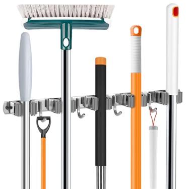 Imagem de UNIFUN Suporte de parede para vassoura, organizador de vassouras, suporte de parede, vassoura e esfregão de aço inoxidável, organização de armazenamento resistente para casa, cozinha, jardim, garagem