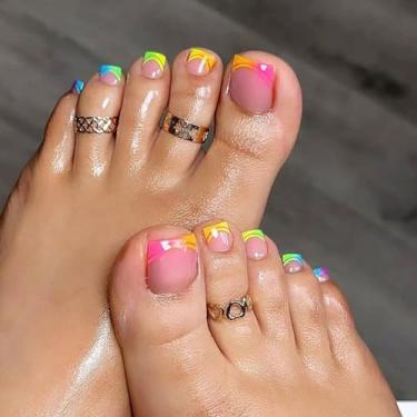 Imagem de Unhas curtas de pressão nos dedos dos pés quadradas, unhas postiças coloridas gradiente francês, ponta francesa, prensa de unhas nude para o verão, unhas dos pés de acrílico, unhas postiças fofas para