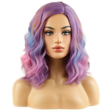Imagem de MAGQOO Perucas multicoloridas para mulheres, curto, encaracolado, ondulado, arco-íris, parte lateral, colorido, bob, taro, roxo, azul, rosa, amarelo, colorido, sintético, Halloween, cosplay, festa à