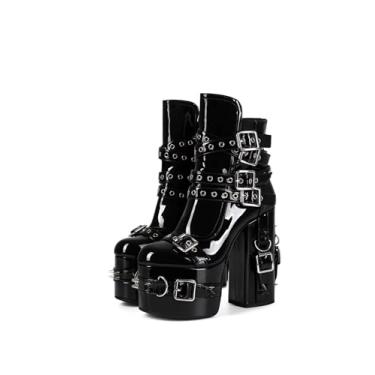 Imagem de Frankie Hsu Bota gótica feita à mão de salto alto com plataforma grossa, tira de fivela envernizada preta punk gótica Y2K, sapatos femininos e legais para mulheres e homens, Preto, 35