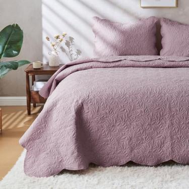Imagem de JYHOPE Conjunto de edredom solteiro, roxo acinzentado, leve, conjunto de colcha de verão, macio e respirável para todas as estações, resistente a manchas, estilo boho com estampa de folhas, 1 colcha e