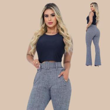 Imagem de Calça flare bailarina Feminina cintura alta cinto - Nerimar Modas, G, 