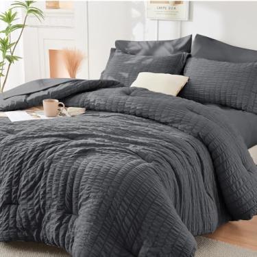 Imagem de HYMOKEGE Conjunto de edredom king size de 7 peças Seersucker, cama luxuosa para todas as estações em uma bolsa para quarto, conjunto de cama com edredom, lençóis e fronhas, cinza escuro