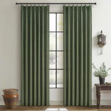 Imagem de Cortinas plissadas verde-oliva personalizadas com mistura de linho, 203 cm de comprimento para sala de jantar, conjunto de 2 painéis, Dark Academia Loden Memory Trained Sheer Curtain 213 cm de