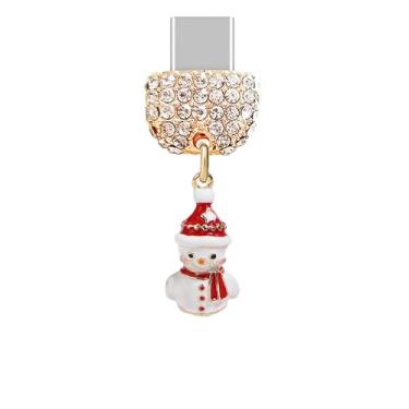 Imagem de ELISE & FONDA TP930 Tipo-C porta de carregamento cristal antipoeira pequeno boneco de neve 3D pingente de celular para iPhone 15/16/Samsung/OnePlus/Xiaomi/oppo telefones Android (branco)
