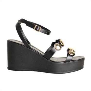 Imagem de Sandália Plataforma Dm Summer Preta Tachas, Saara preto, Metal ouro, 3