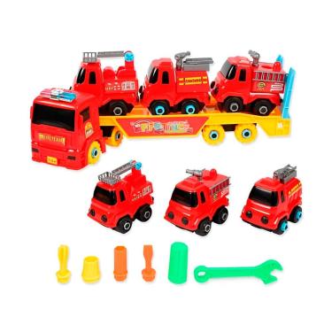 Imagem de Carro Cegonha 3 Carrinhos Monta Desmonta Vermelho Bombeiros