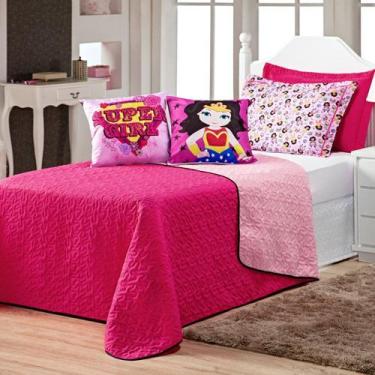 Imagem de Kit Cobre Leito Super Girl Dupla Face c/ Almofadas Solteiro 05 Peças -