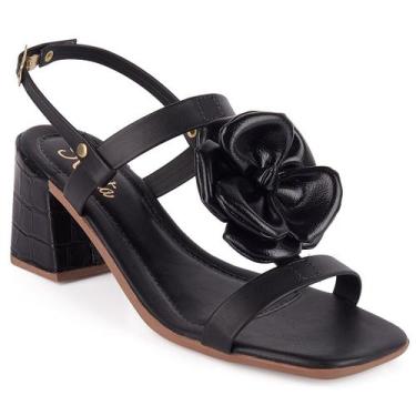 Imagem de Sandália Feminina Preta com Salto Bloco Médio Bico Quadrado e Detalhe 