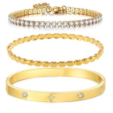 Imagem de MVCOLEDY Conjunto de pulseiras femininas banhadas a ouro 18 K, zircônia cúbica, clássica, aço inoxidável, ajustável, ouro zircônia cúbica, amor, para mulheres, Medium, Aço inoxidável Zircônia cúbica