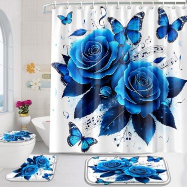 Imagem de Poedist Conjunto de 4 peças de cortina de chuveiro de banheiro, conjunto de banheiro infantil, conjuntos de cortina de chuveiro espacial com tapetes (tapete de banho, forma de U e tapete de tampa de