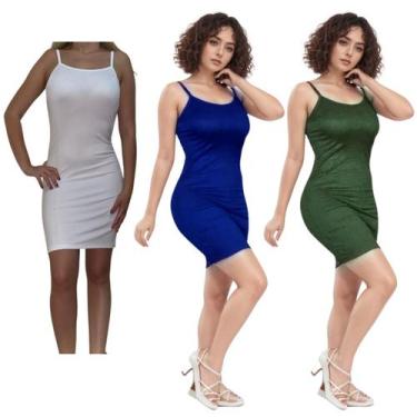 Imagem de KIT C/3 Vestidos Alcinha Canelado - Emporio J, Branco, Marinho, Milita