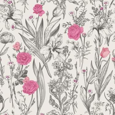 Imagem de Papel de parede VEELIKE Vintage Cinza Rosa Floral Peel Stick 45x300cm
