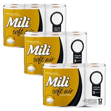 Imagem de Papel Higiênico Folha Tripla - 3 fardos c/ 12 rolos de 20m x10cm - Mili Soft Air (Total 36 rolos)