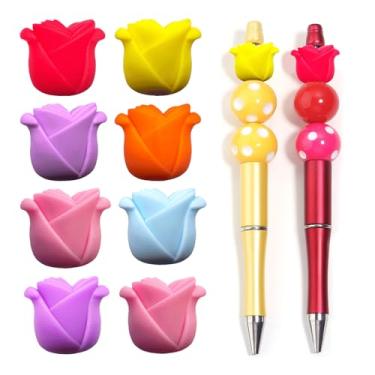 Imagem de 8 peças de contas de silicone de flor rosa 3D, contas focais de silicone rosa multicoloridas, flor para fazer chaveiros, contas soltas criativas a granel para canetas, artesanato, artesanato, pulseira