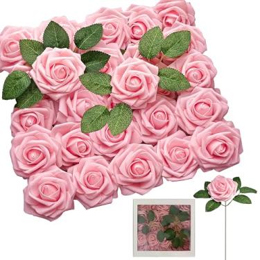 Imagem de SHUERIET Flores artificiais, 25 peças de rosas falsas de espuma vermelha rosa com hastes para buquês de casamento faça você mesmo, centro de mesa, chá de panela, decoração de arranjo de flores em casa