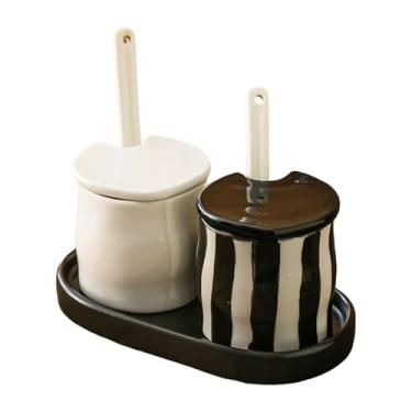 Imagem de MotiveTech Pote de condimento de porcelana com bandeja de cerâmica selada à prova de poeira, potes para condimentos domésticos, café, balcão de cozinha, Preto Branco