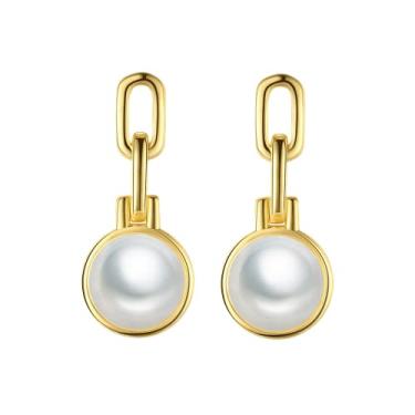 Imagem de Efashion Brincos de pérolas frescas e fofas de prata esterlina S925 banhados a ouro 14K para meninas, Medium, Ouro amarelo, Pérola