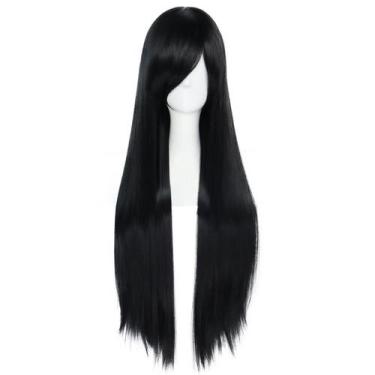 Imagem de Peruca de cabelo sintético longa e reta 80 cm preta com franja - yiwei