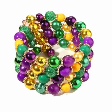 Imagem de FAERLIIRY Pulseiras femininas com contas de carnaval com contas pulseiras elásticas roxas e verdes douradas acessórios de carnaval, Large, Liga metálica, Sem Pedra Preciosa