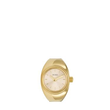 Imagem de BUREI Relógio feminino de quartzo de aço inoxidável, anel de duas mãos, relógio de dedo masculino e feminino com pulseira elástica, Dourado