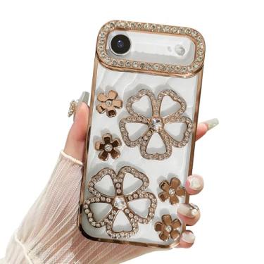 Imagem de Uioeua Capa compatível com iPhone 17 Air Flower, linda flor de diamante 3D com strass de luxo floral para meninas e capa brilhante à prova de choque para iPhone 17 Air - Dourado
