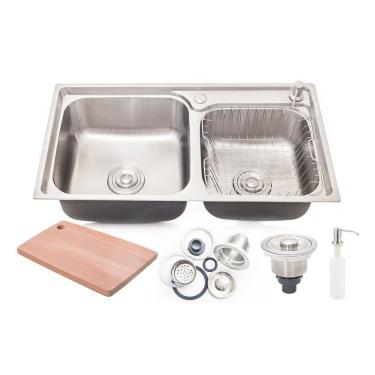 Imagem de Cuba Pia Dupla Gourmet Luxo Prizi Aço Inox 304 43x78cm Kit Completo - MD7843B