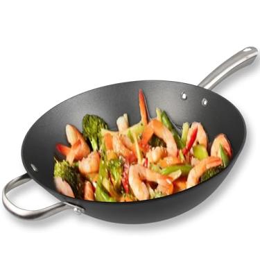 Imagem de Cuisiland Wok de ferro fundido de colmeia de 32 cm com alças duplas – Frigideira antiaderente, alças longas de aço inoxidável, seguro para forno, retenção de calor de ferro fundido clássico