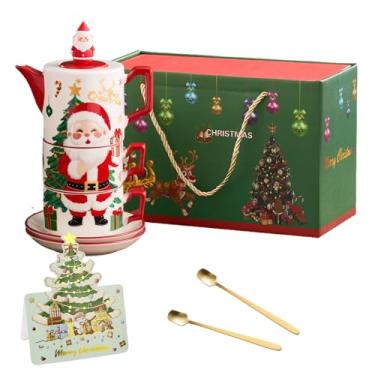 Imagem de Conjunto de chá de Natal com infusor removível, conjunto de chá de cerâmica Atarvana com 1 bule de chá de 450 ml, 2 xícaras de chá e pires de 240 ml, 2 colheres com caixa de presente para presente de