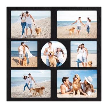 Imagem de YESKAY Moldura de colagem de 12 x 12 x 12 cm, moldura de 7 aberturas, moldura de madeira preta rústica com vidro verdadeiro, molduras de família, decoração de parede ou mesa (pacote com 1)