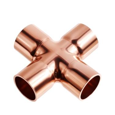 Imagem de FOCMKEAS Encaixe de tubulação cruzada Copper Union, 0,59 polegadas, 4 vias, encaixe de tubulação de união cruzada ID 15 mm com espessura de parede 1 mm Conector de tubo igual de cobre de 4 vias para