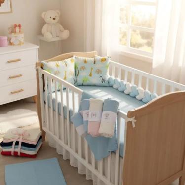 Imagem de Kit Mudan Baby Lençol, Manta E Travesseiro Para Berço, Azul